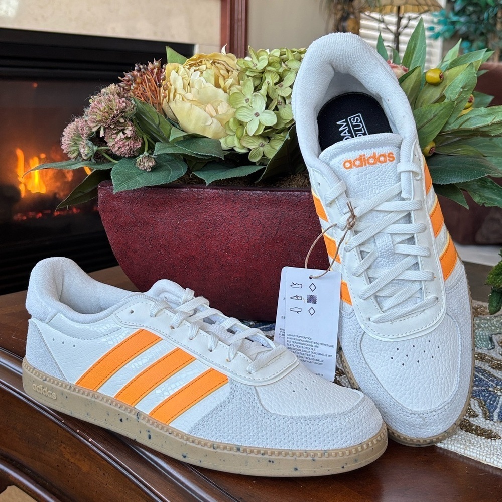 Brand New Adidas Breaknet Sleek Tennis Shoes White & Orange 3-Stripe Sneakers